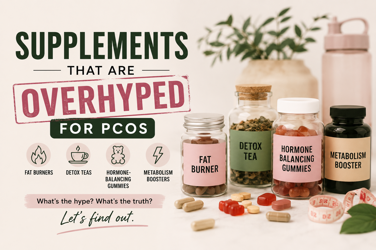 A blog header image about overhyped PCOS supplements featuring bottles labeled fat burner, detox tea, hormone balancing gummies, and metabolism booster alongside the headline "Supplements That Are Overhyped for PCOS."